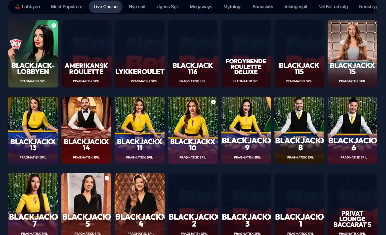 Skærmbillede af NetBet Live-spiloversigt med roulette, blackjack og baccarat