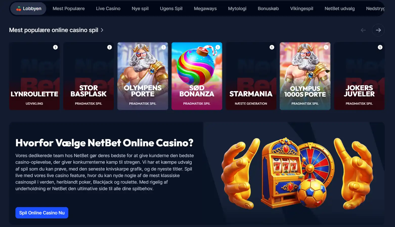 Skærmbillede af NetBet Danmarks casinoets spiloversigt med spilkategorier